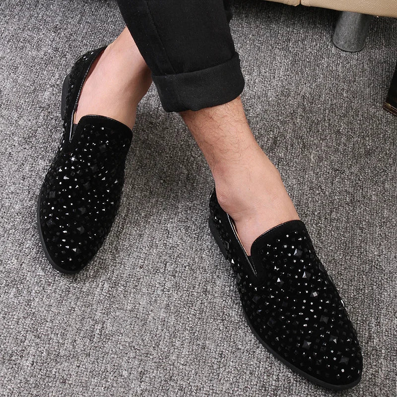 Black Spikes 2022 New Brand Mens Loafers Luxury Shoes Denim And Metal Sequins High Quality Casual Men Shoes