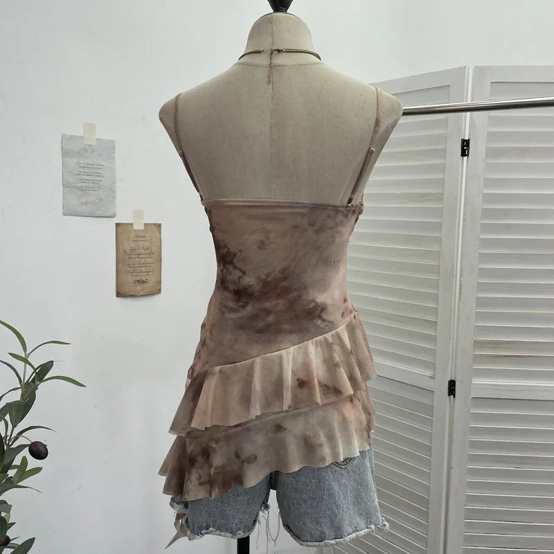 2025 Mesh Camisole for Women Stretch Casual Tie Dyeing Braless Sleeveless Adjustable Straps Asymmetrical Ruffle Tops