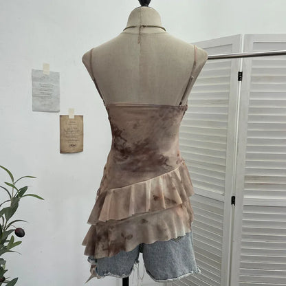 2025 Mesh Camisole for Women Stretch Casual Tie Dyeing Braless Sleeveless Adjustable Straps Asymmetrical Ruffle Tops