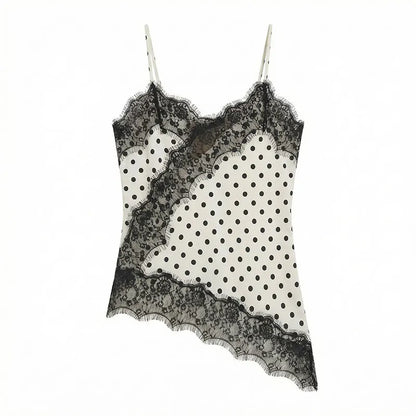 Women Fashion Polka Dot Camisole Tops Lace Patchwork Off Shoulders Tank Top 2026 Summer Trend High Street Lady Chic Tops