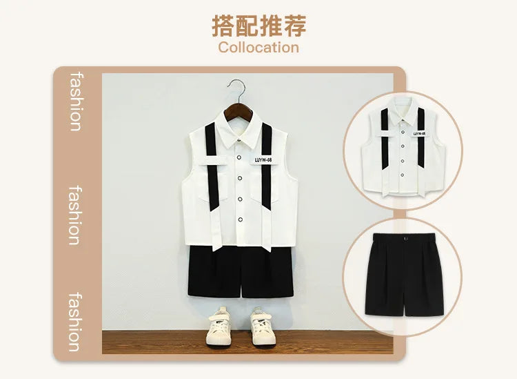 Boys British Sleeveless Shirt Shorts Formal Dress Kids Summer Solid Color Blazer Clothes Sets Children Tuxedo Toddler Costumes