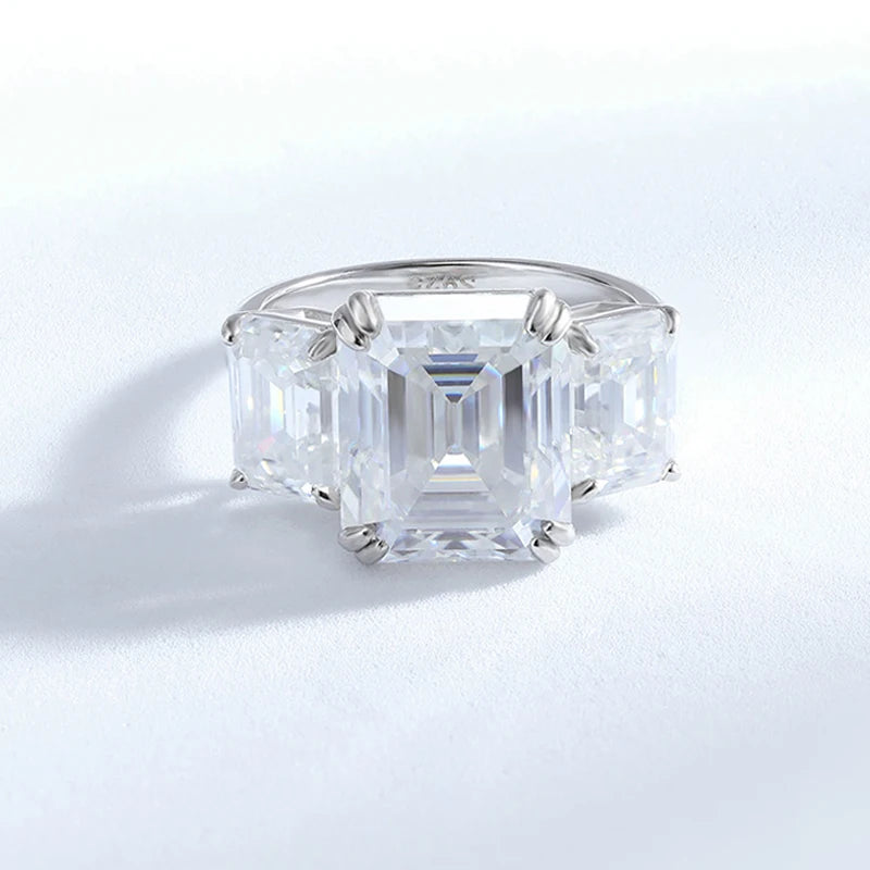 12cttw Emerald Cut Full Moissanite Engagement Ring for Women 3 Stones Sterling Silver 925 Wedding Band with Certificate