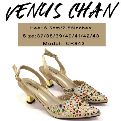 Latest High Heel Gold Color Atmospheric Luxury Pattern With Rhinestones Party Ladies Shoes And Bag Set