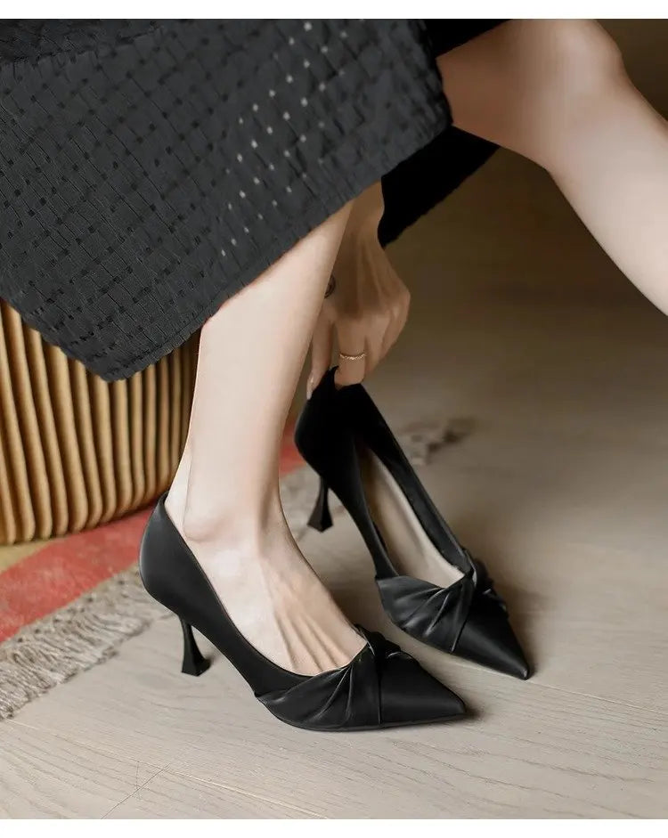 2026 New Women's Pointed Toe Stiletto Heels, Elegant Beige Ruched Pumps, Comfortable Commuter Shoes for Wedding Party Dress