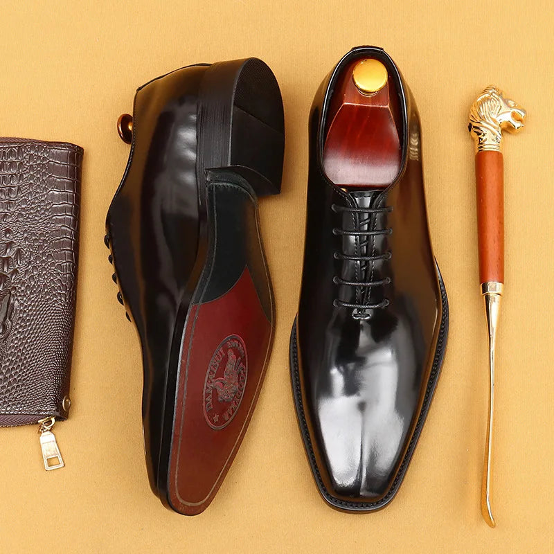 Genuine Leather Shoes for Men Dress British Business Party Lace Up Black Square Toe Fashion Casual Formal Suit Handmade Men Shoe
