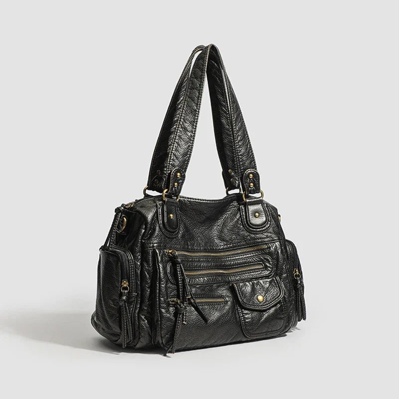 Y2K Hot Women's Punk Biker Tote Bag Large Capacity PU Leather Crossbody Purse with Multi Pockets for Work Commute Moto Style