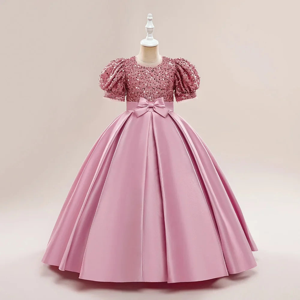 Summer Sequin Bridesmaids Party Girl Dress Elegant Bow Wedding Princess Prom Kids Dress For Girls Gala Birthday Evening Costumes