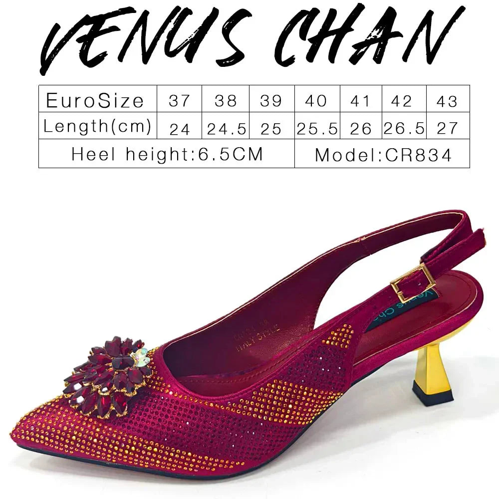 Italian Design Rhinestone Luxury Wine Colour Pointed Toe Shoe & Bag Set Women's High Heels for Parties