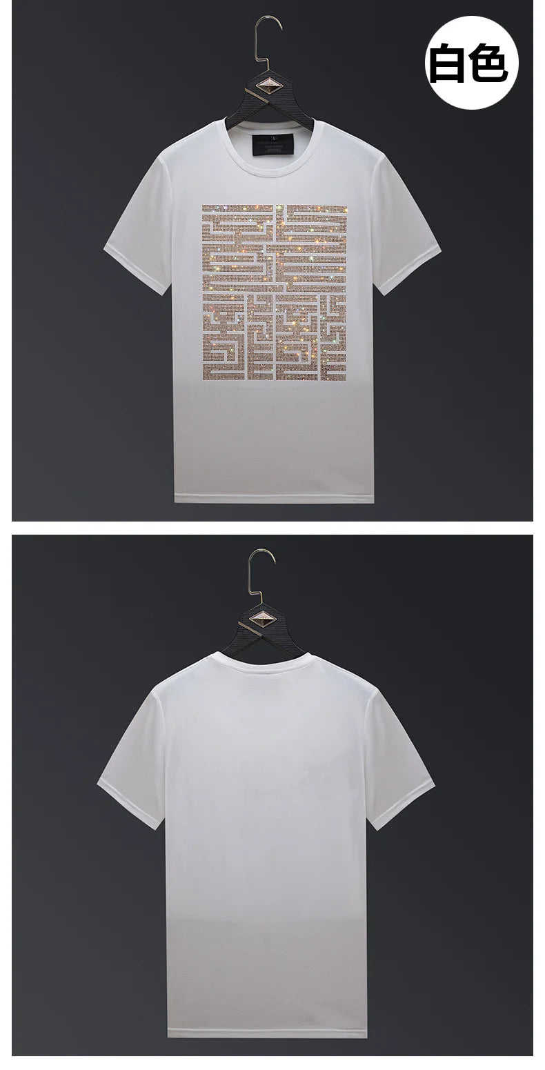 Casual Short Sleeve T Shirts Men Summer Clothes Chinese Characters Rhinestones Fashion Streetwear O Neck Cool Cotton T-shirts