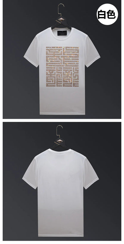 Casual Short Sleeve T Shirts Men Summer Clothes Chinese Characters Rhinestones Fashion Streetwear O Neck Cool Cotton T-shirts