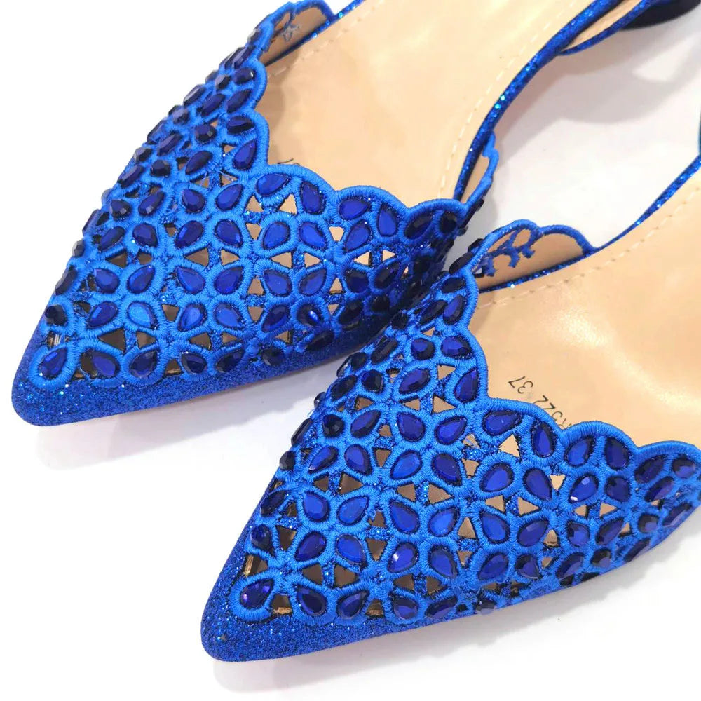 Low Heel Shoes for Women Hollowed Out Embroidery Rhinestone Italian Design Gold Color Pointed-Toe Shoes and Bags Set