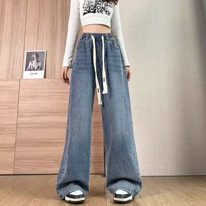 Calça Jeans Feminina Plus Size Folgada Cintura Alta Perna Larga Azul Claro Elástico na Cintura Cordão Calças Outono Moda Plus Size
