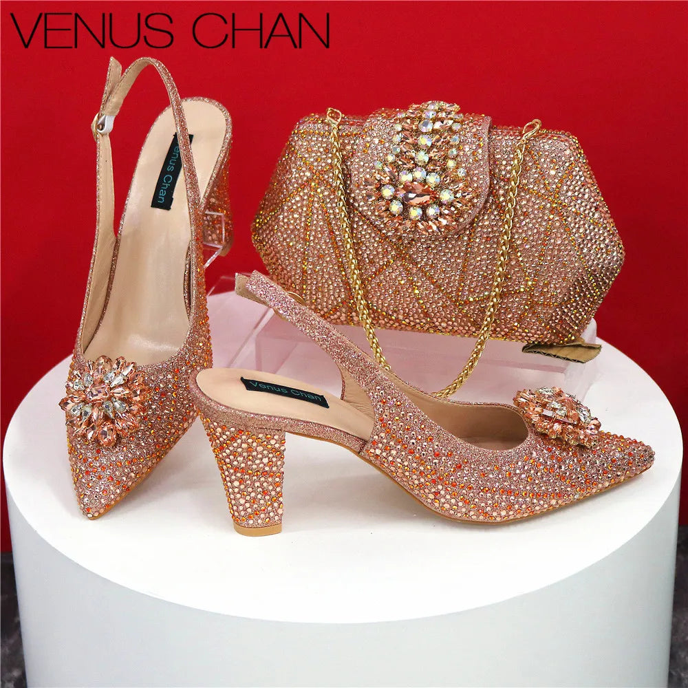 Sandals Fashion Italian Shoe and Bag Set for Party In Women Nigerian Women Wedding Shoes and Bag Set Decorated with Rhinestone