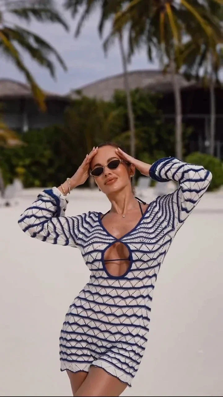Boho Striped Chic V-neck Cut Out Bell Sleeve Knit Dress 2025 Summer Women Seaside Holiday Mini A-Line Dress K123