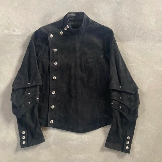 Streetwear Black Jacket Men Harajuku Fashion Loose Motorcycle Jacket Gothic Punk Pleated Long Sleeve Coat Autumn Winter Clothing