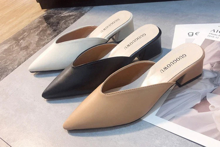 Pointed Slippers Women High Heels 2025 New Summer Shoes Fashion Luxury Slides Slip Loafers Square Heel Female Party Shoes