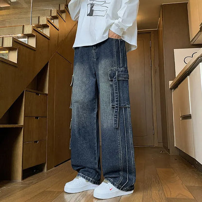 2025 Autumn New Men's Loose Jeans Multi-pocket Work-wearing Jeans Street Hip-hop Straight Wide-leg Pants Baggy Dance Pants