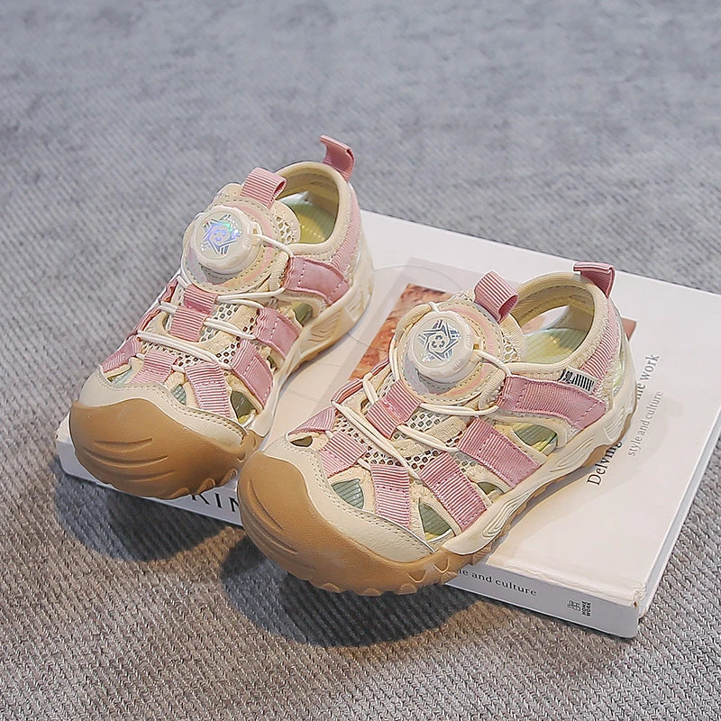 Kids' Rotating Button Closed-Toe Sandals, Breathable Mesh Shoes, Non-Slip Boy Girls Barefoot Shoes Summer Casual Sports Sandals