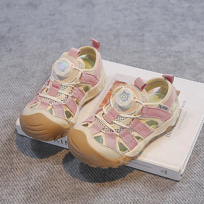 Kids' Rotating Button Closed-Toe Sandals, Breathable Mesh Shoes, Non-Slip Boy Girls Barefoot Shoes Summer Casual Sports Sandals