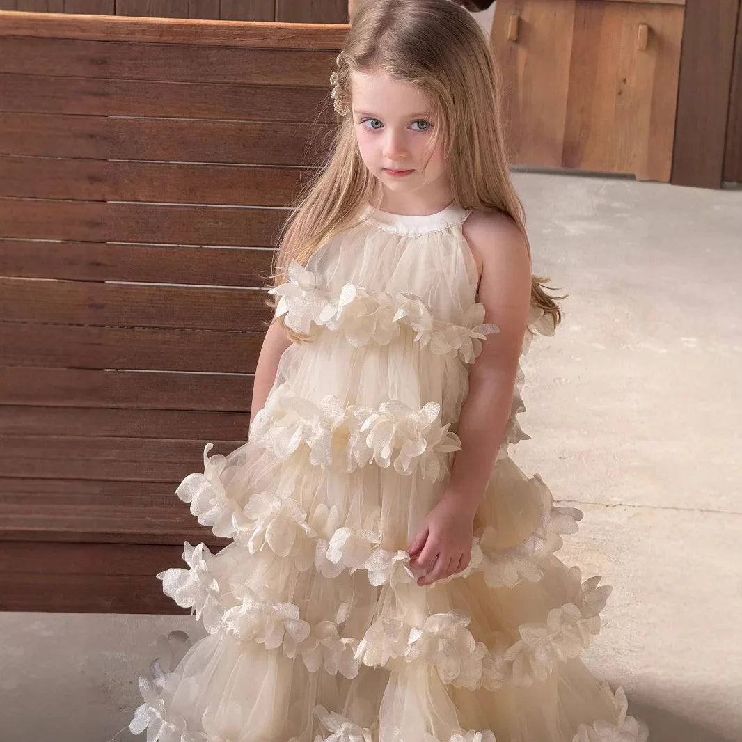 2025 Spring Summer New Children Clothing Girls Neck Hanging Flower Layered Long Dress Korean Children Birthday Princess Dress