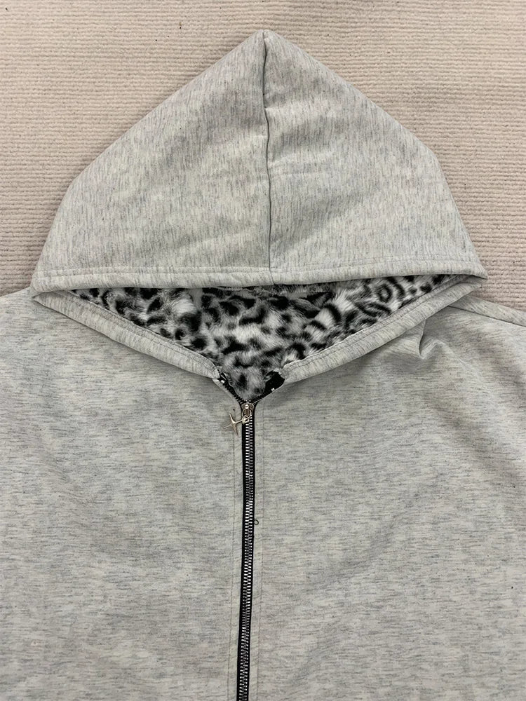Autumn/Winter Leopard Grey Double sided Zipper Hoodie Men's Casual High Street Warmth Hoodie men's autumn clothing  2025 new