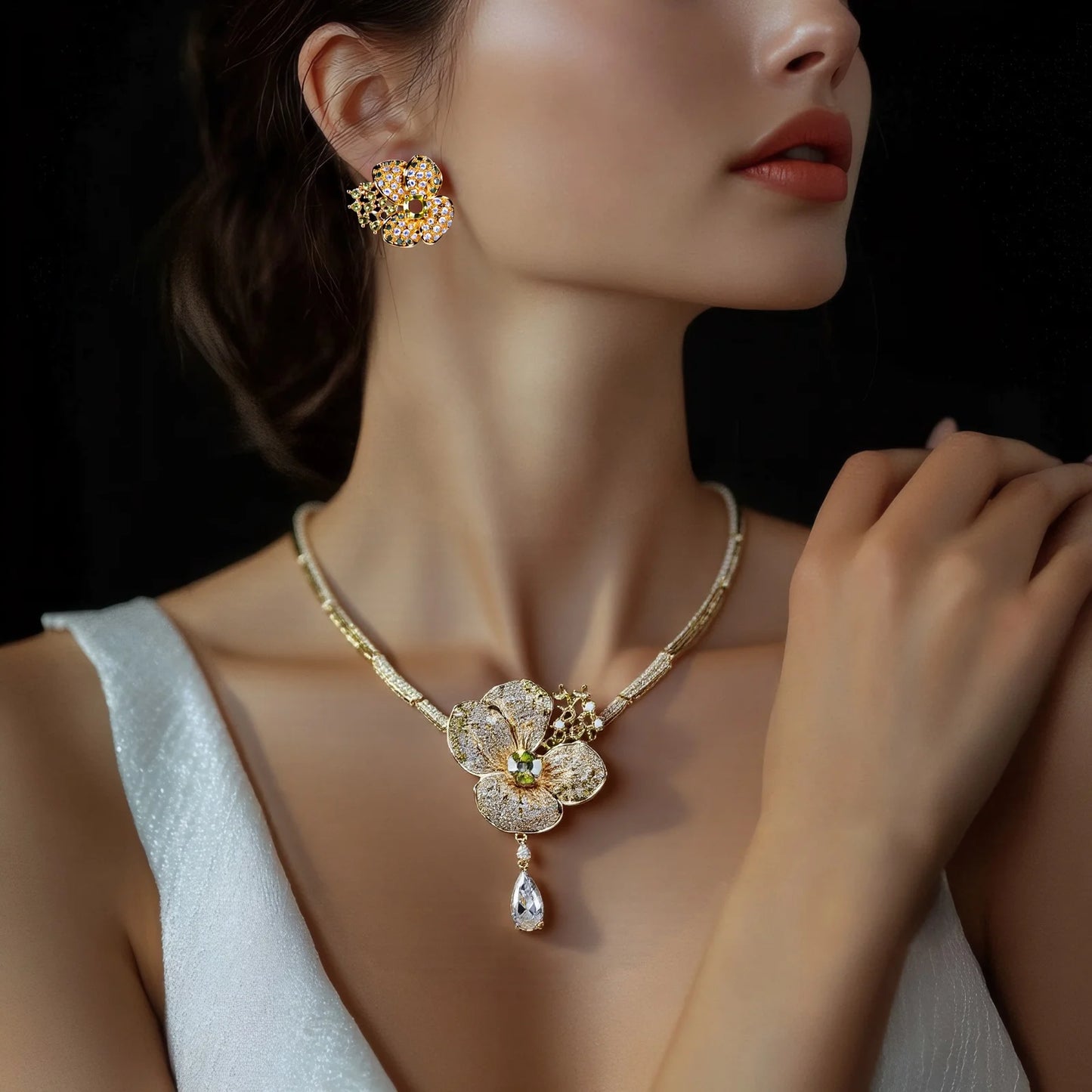 Cubic Zircon Crystal White Flower Women Choker Necklace and Earrings Bridal Jewelry Set for Wedding Dress Accessories S-338
