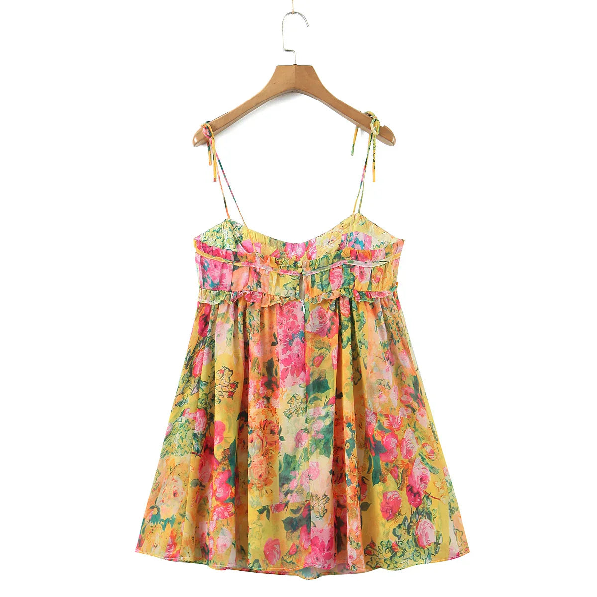 Flower Print Spaghetti Strap Mini Dress Women Backless Skater Lacing up Sling Robe Holiday