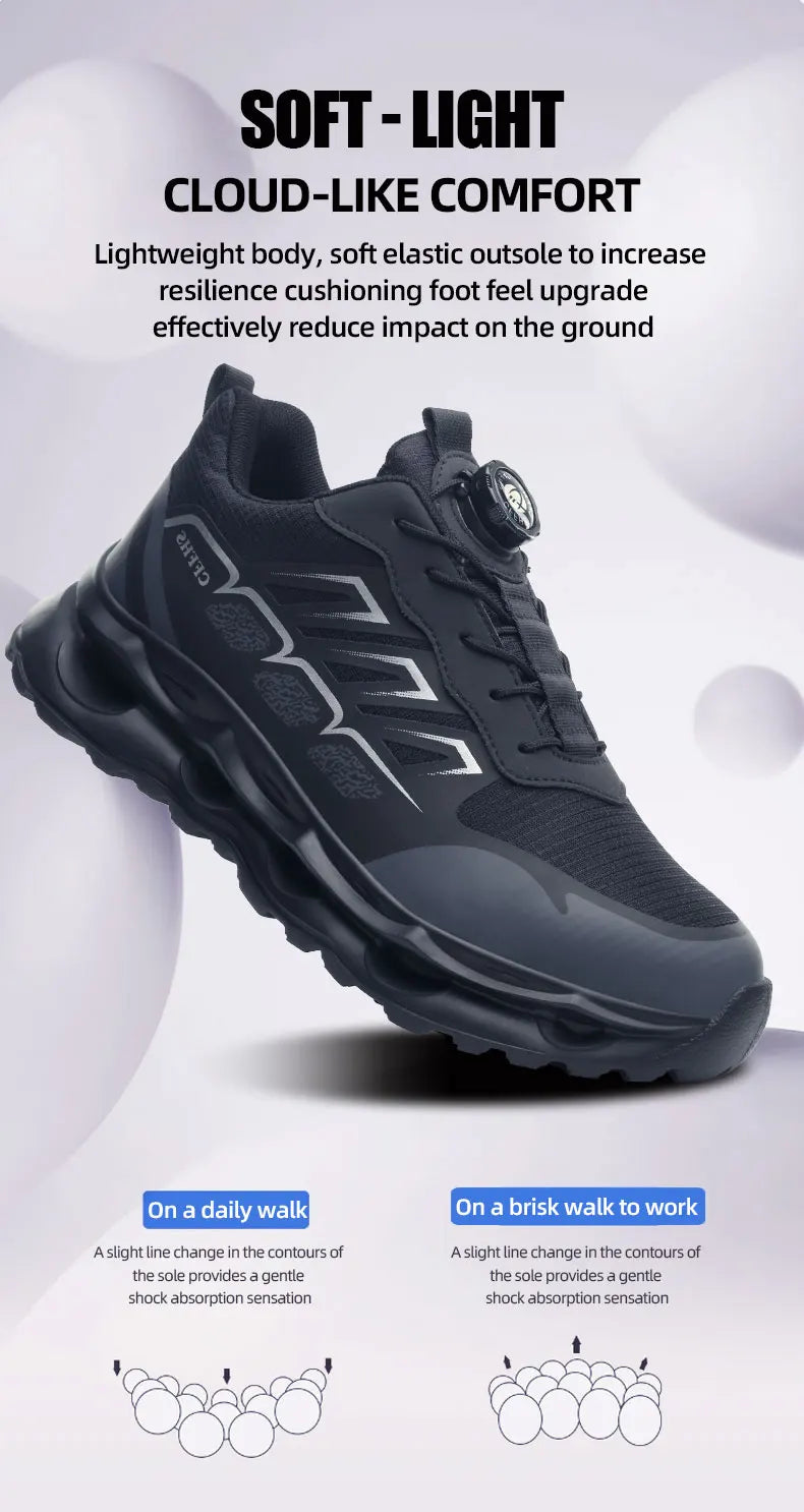 Shock Absorbing Safety Shoes for Men Steel Toe Lightweight Work Boots for Factory & Warehouse Rotary Button Indestructible Shoes
