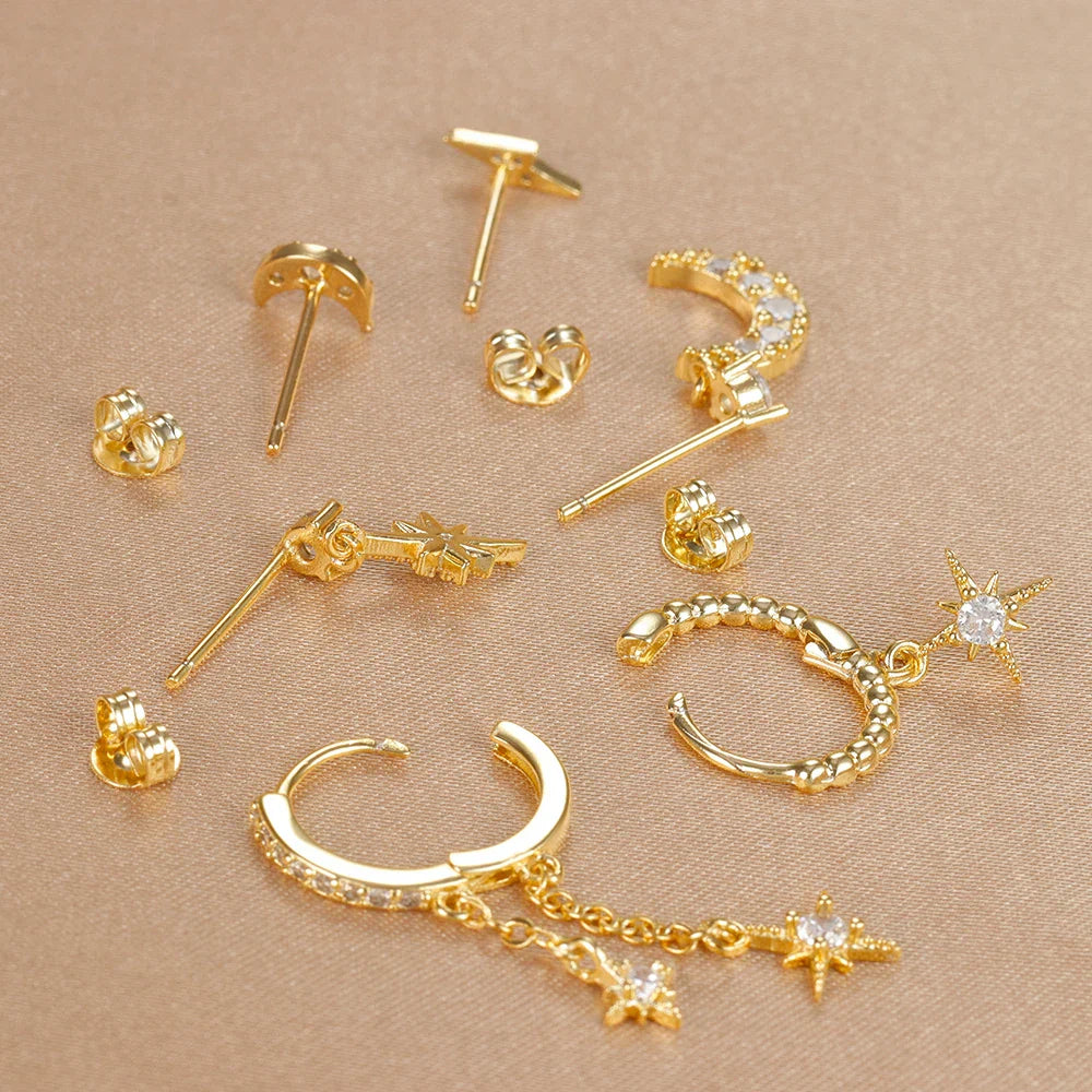 6PCS Fashion Cubic Zirconia Chain Star Moon Hoop Earring Set for Women Stainless Steel Pendant Cartilage Piercing Jewelry
