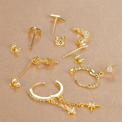 6PCS Fashion Cubic Zirconia Chain Star Moon Hoop Earring Set for Women Stainless Steel Pendant Cartilage Piercing Jewelry
