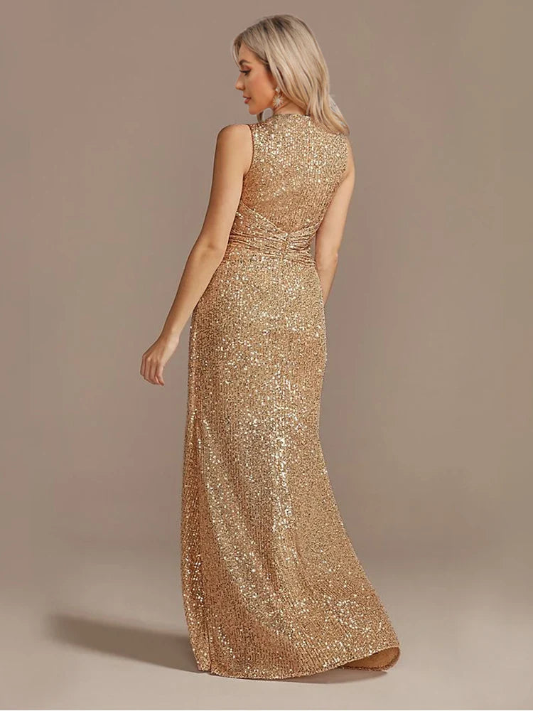 Luxury Floor Length V-Neck Evening Dresses Elegant Slit Party Women 2025 Wedding Sequins Formal Cocktail Prom Gowns