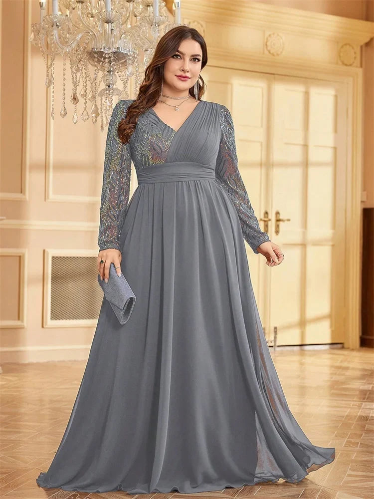Vestidos de Noite Luxuosos Plus Size de Chiffon Manga Comprida Feminino Lantejoula Vermelho Festa Casamento Coquetel Formatura Comprimento Longo