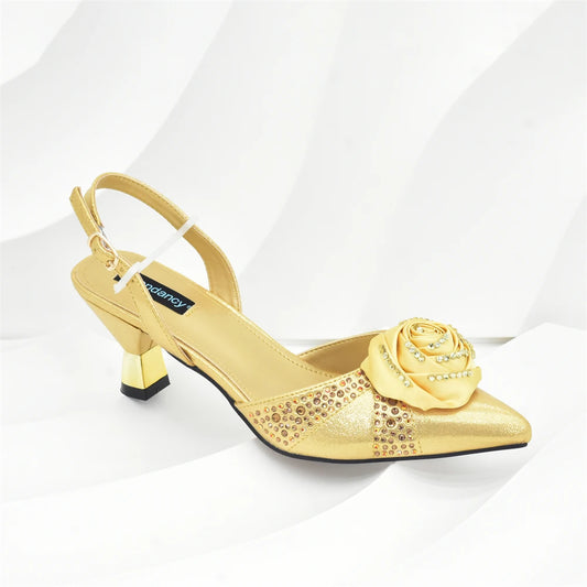 Luxury Italian Shoes and Bag Set for Women Pointed Toe High Heels Party Dress Female Pumps Decorated with Handmade Flowers