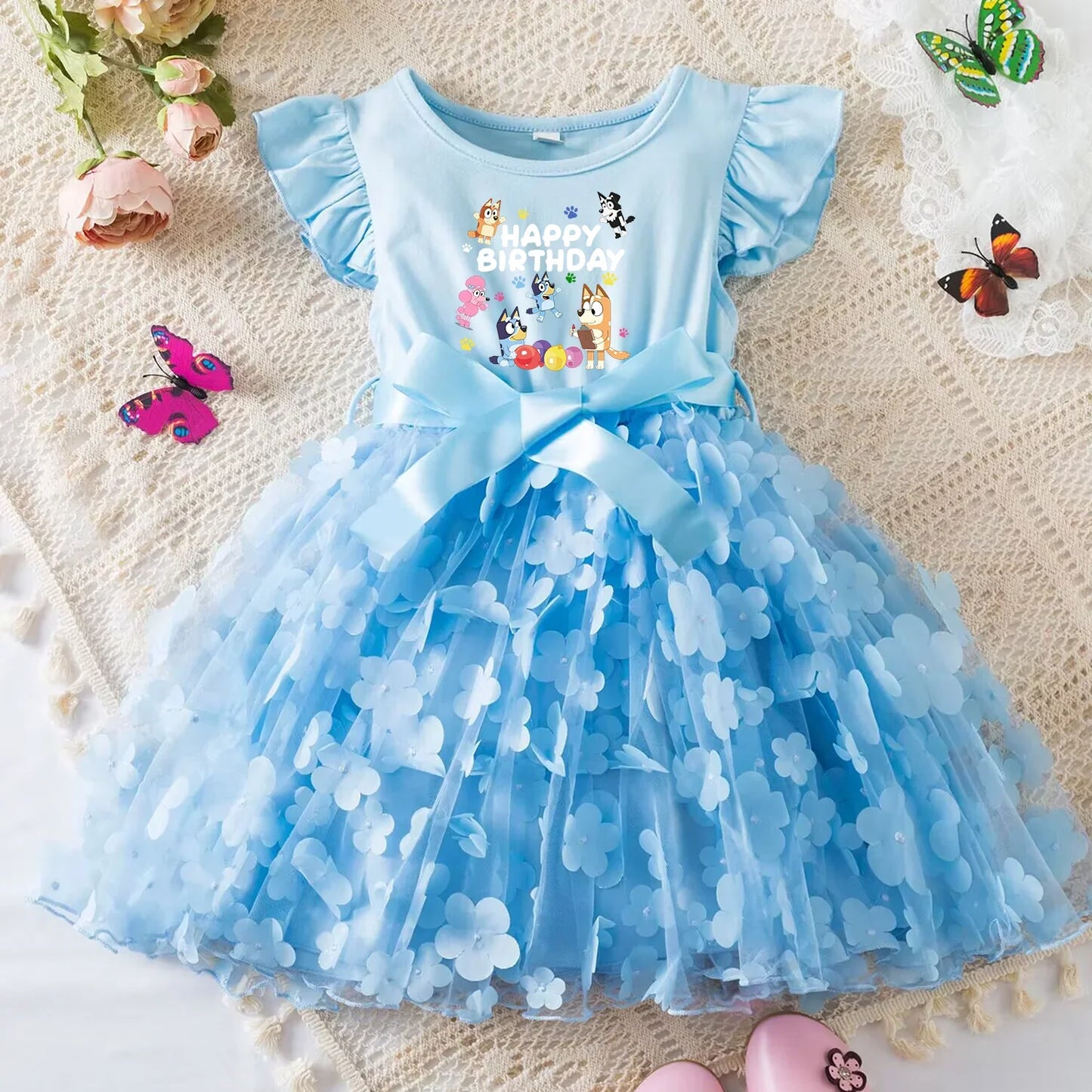 Vestido de Bebê Menina Bluey de Tule com Flores Vestido de Princesa para Casamento Tutu Sem Mangas Roupa de Festa para Fotos Presente de Aniversário
