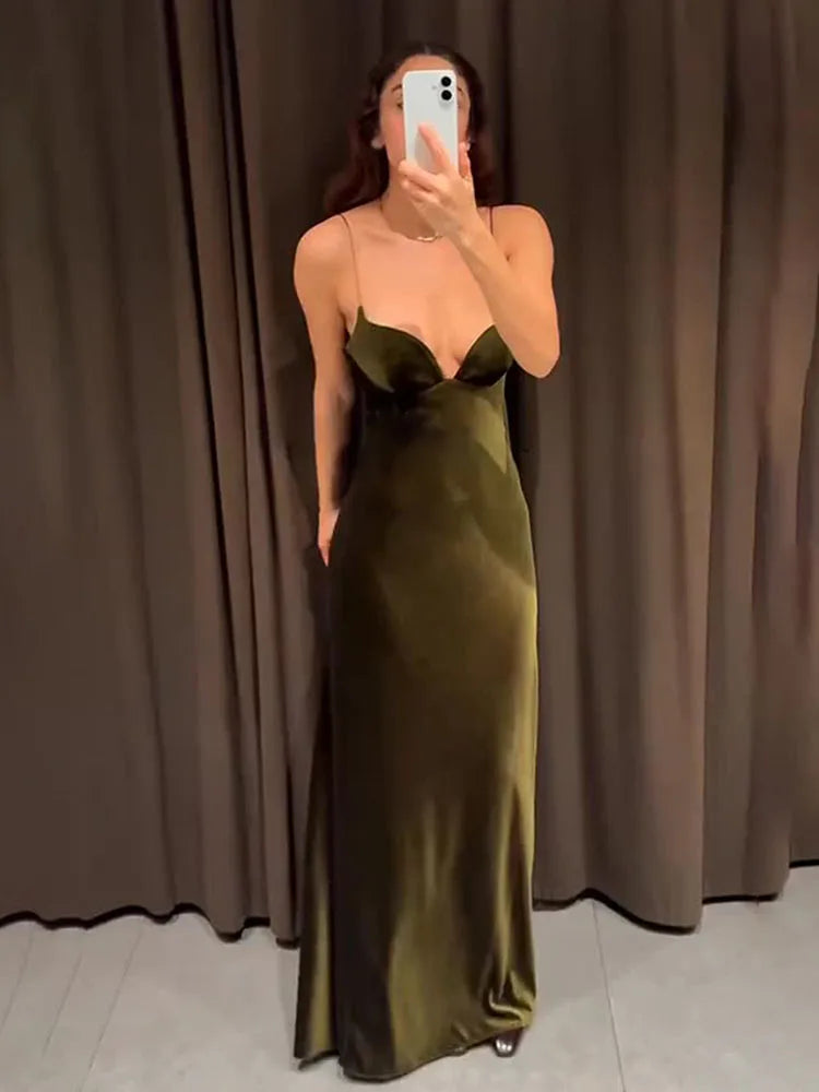 Women Red V-Neck Holiday Style Satin Texture Long Dress Sleeveless Summer Women's Back Zipper Fashion Sling Dresses