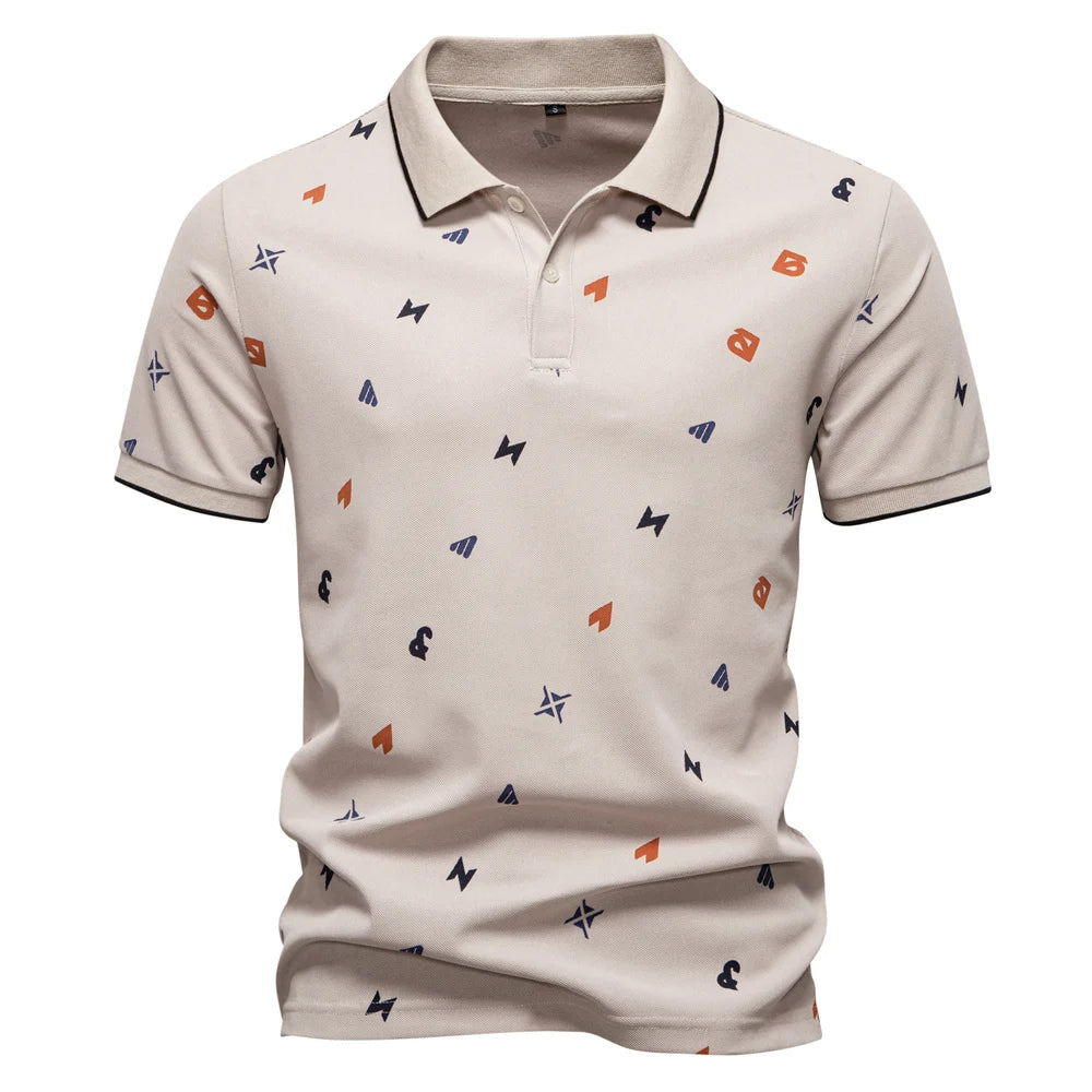 ‌2025 Summer New Men's Solid Color Polo Shirt with Printed Turn-Down Collar Casual Slim Fit Breathable Comfortable Top‌