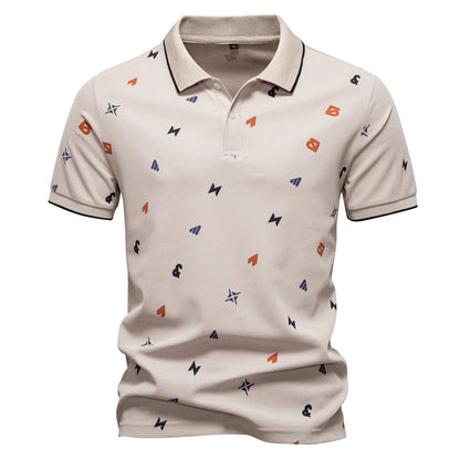 ‌2025 Summer New Men's Solid Color Polo Shirt with Printed Turn-Down Collar Casual Slim Fit Breathable Comfortable Top‌
