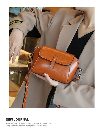 Women's Small Phone Bag Fashionable Oil Wax Cowhide Leather Handbag Versatile and Simple Shoulder Bag High Quality Crossbody Bag