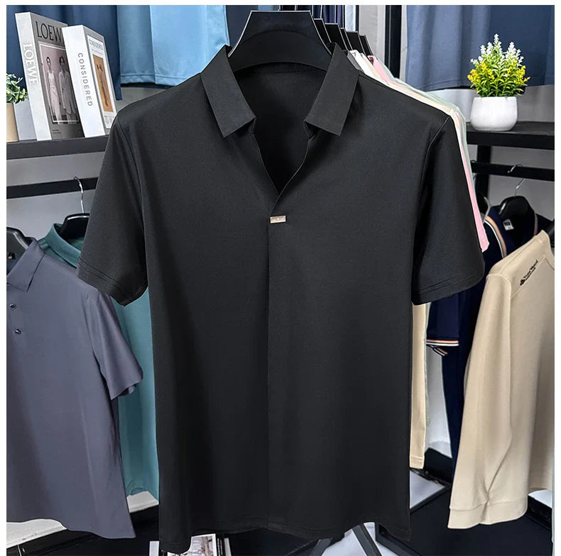 High quality ice silk short sleeve T-shirt men's lapel top trendy brand design cool silky breathable summer casual polo shirt