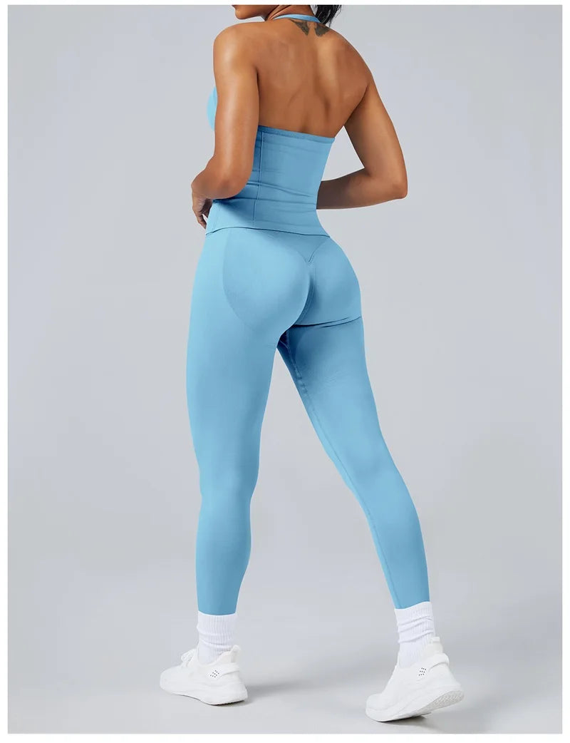 2Piece Sports Gym Set Women Longline Strappy Top Fitness Clothes Seamless Yoga Set Running Workout Sports Leggings Sets