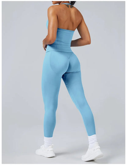 2Piece Sports Gym Set Women Longline Strappy Top Fitness Clothes Seamless Yoga Set Running Workout Sports Leggings Sets