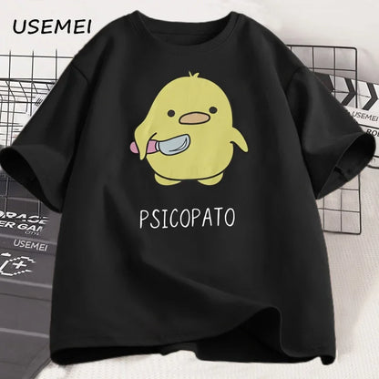 T Shirt Men Women Cute Duck with Knife Tshirt Casual Short Sleeve Cotton Printed Round Neck T-shirt Streetwear Loose