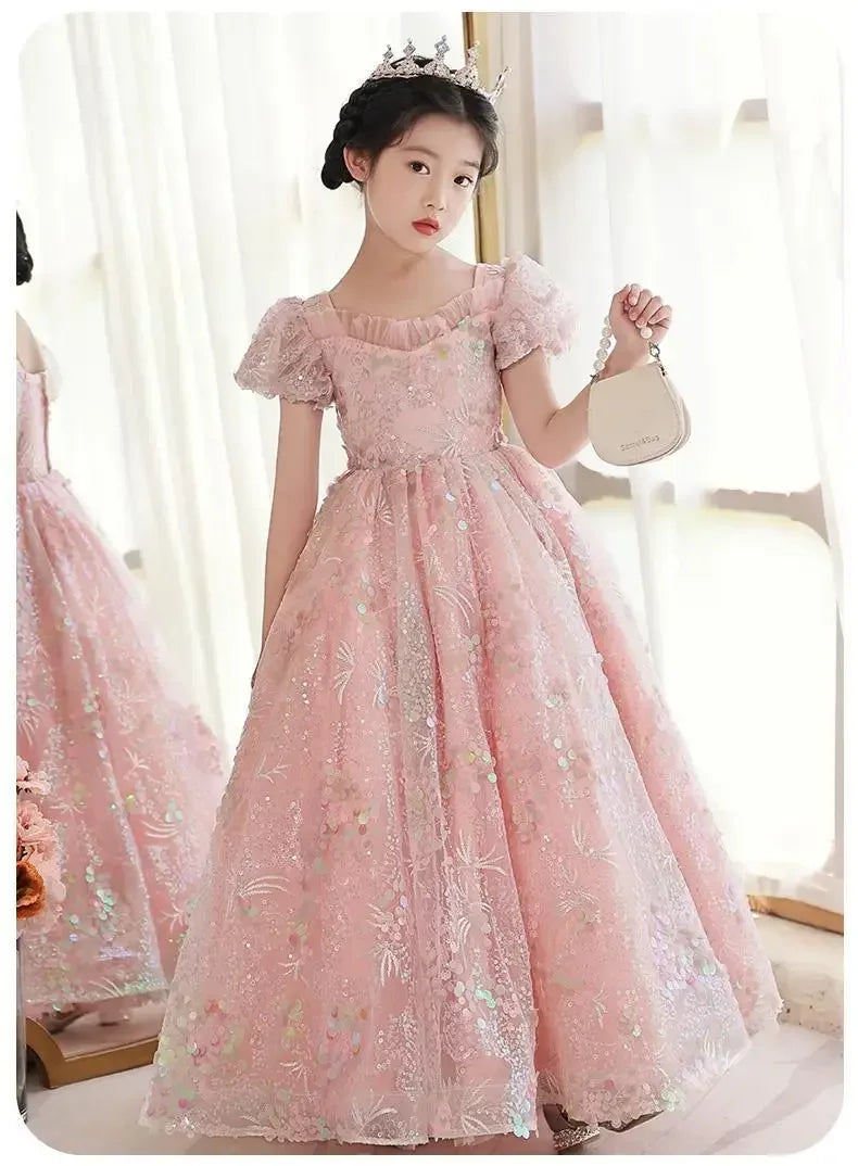 Vestidos de noite infantis bordados de renda, longos vestidos de princesa, vestidos formais elegantes para meninas, vestidos de formatura 3-15 anos, roupas para festa de aniversário