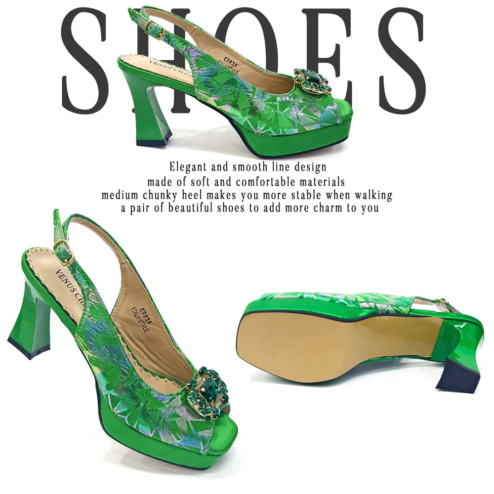 Elegant Women Heels for Peep Toe Good Material Design Rhinestone Fuchsia Sandals Italian Shoes and Bags Matching Set 2025