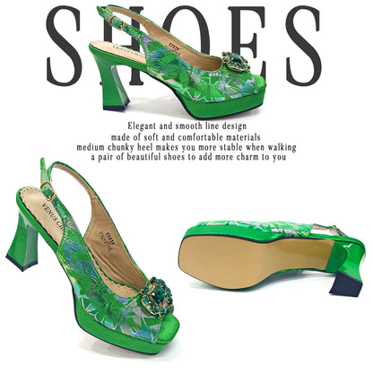 Elegant Women Heels for Peep Toe Good Material Design Rhinestone Fuchsia Sandals Italian Shoes and Bags Matching Set 2025