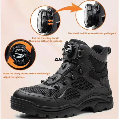 Construction Work Boots Men Steel Toe Safety Shoes Rotated Button Anti-smash Puncture Proof Sneakers Man High Top Security Boot