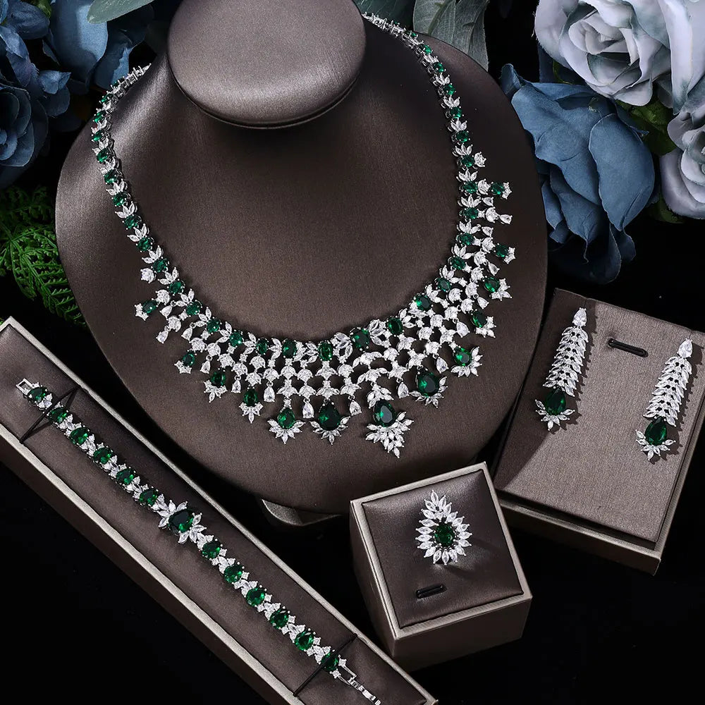 2024 New 4-piece Bridal Cubic Zirconia Full Set Women's Party Jewelry Set, Deluxe Dubai Nigeria Crystal Wedding Jewelry Set