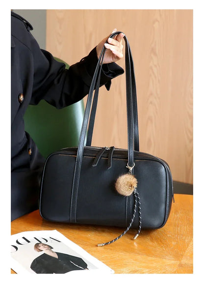 Women's Cow Genuine Leather Shoulder Bags Ladies Fashion Designer Luxury Handbags Female Retro Commute Boston Cowhide Handbag