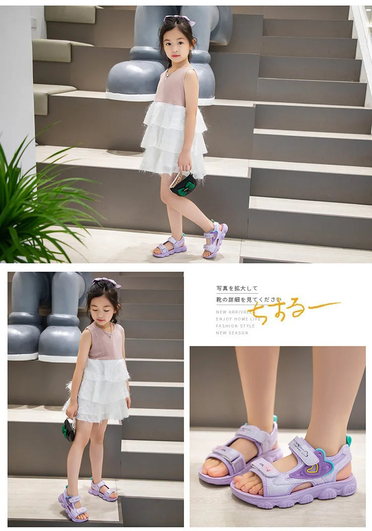 2026 New Summer Girls Sports Sandals Love Heart Decor Soft Non-Slip Beach Sandals For 3-12 Years Old Kids