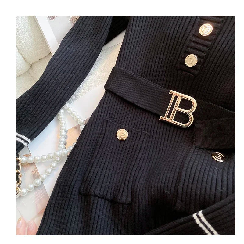 Autumn Winter Women Knitted Dress Brand Fashion O-neck Buttons Bodycon Sweater Dress with Belt Lady Office Dress